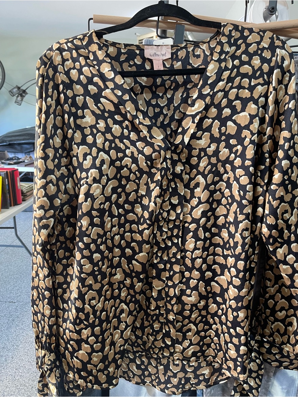 V-Neck Leopard-Print Blouse in Black and Tan
